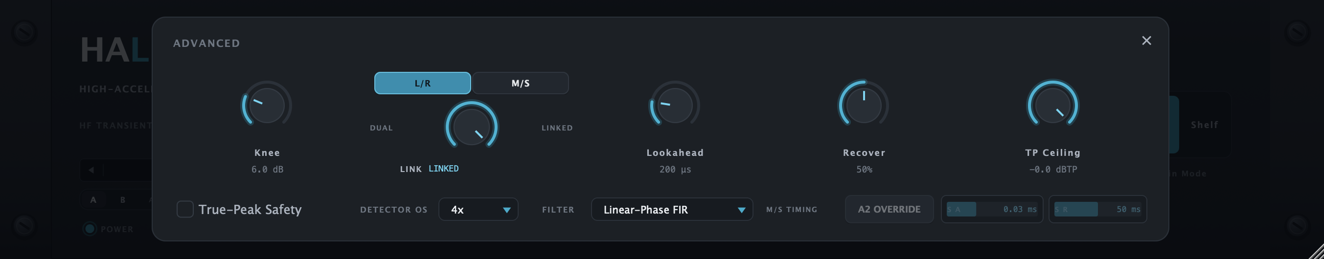 HAL Advanced menu with stereo linking, knee, lookahead, recovery, and true-peak controls